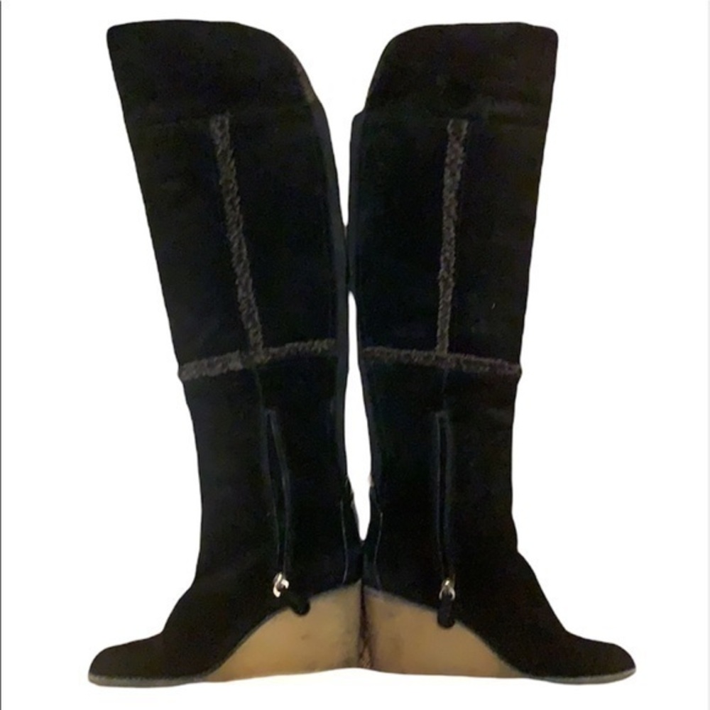 Tory Burch Cassius Black leather and Shearling Tall Wedge Over the Knee Boots